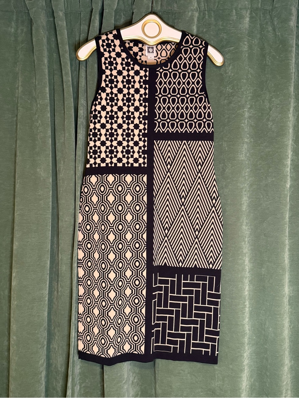 Anne Klein Black & Cream Geometric Patchwork Sheath Dress